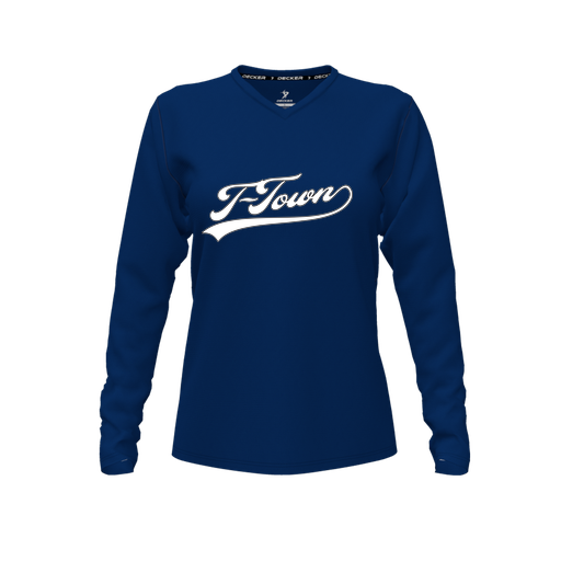 [CUS-DFW-TEES-CMF-VNK-LSL-NVY-FYXS-LOGO1] Comfort T-Shirt (Female Youth XS, Navy, V Neck, Logo 1, Long Sleeve)