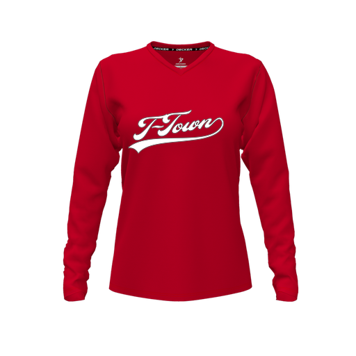 [CUS-DFW-TEES-CMF-VNK-LSL-RED-FYXS-LOGO1] Comfort T-Shirt (Female Youth XS, Red, V Neck, Logo 1, Long Sleeve)