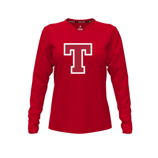 [FTLVCFRD-FYXS-LOGO2] Decker Comfort T-Shirt (Female Youth XS, Red, V Neck, Logo 2, Long Sleeve)