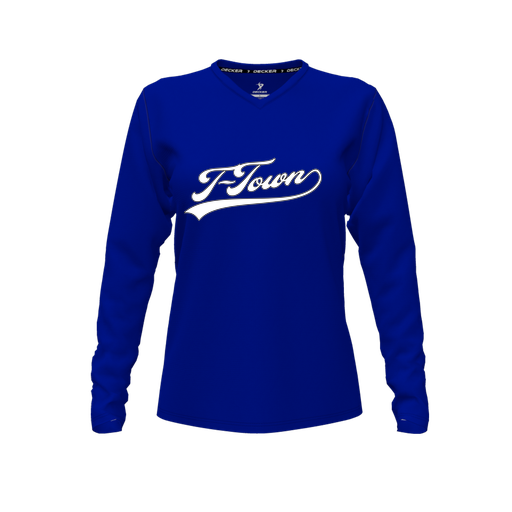 [CUS-DFW-TEES-PER-VNK-LSL-RYL-FYXS-LOGO1] Performance T-Shirt (Female Youth XS, Royal, V Neck, Logo 1, Long Sleeve)